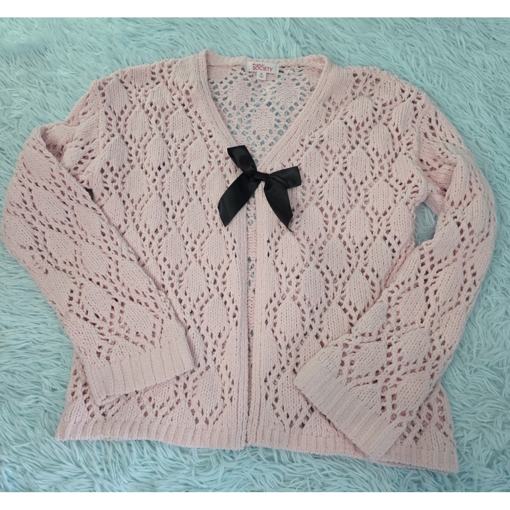 Mini Society Girls Pink Pointelle Knit Cardigan Open Front Black Bow Jr Sz XL